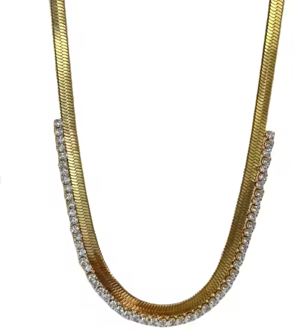 Cecile - Herringbone CZ- Steel Necklace- 14K