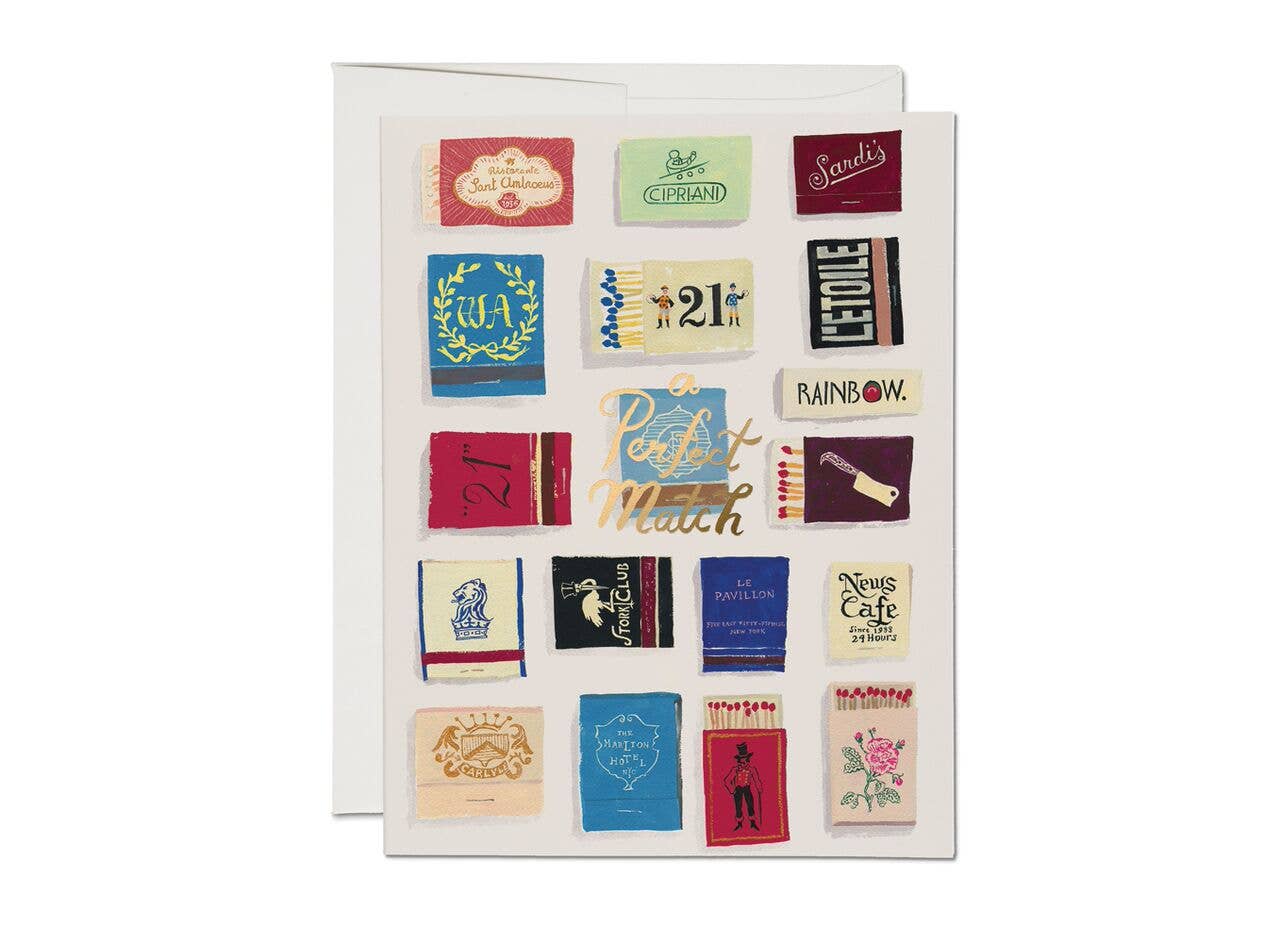 Collection of colorful matchbook designs on a white card