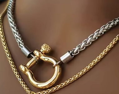 Carabiner Horse Bit Charm with Wheat Chain Stainless Necklace