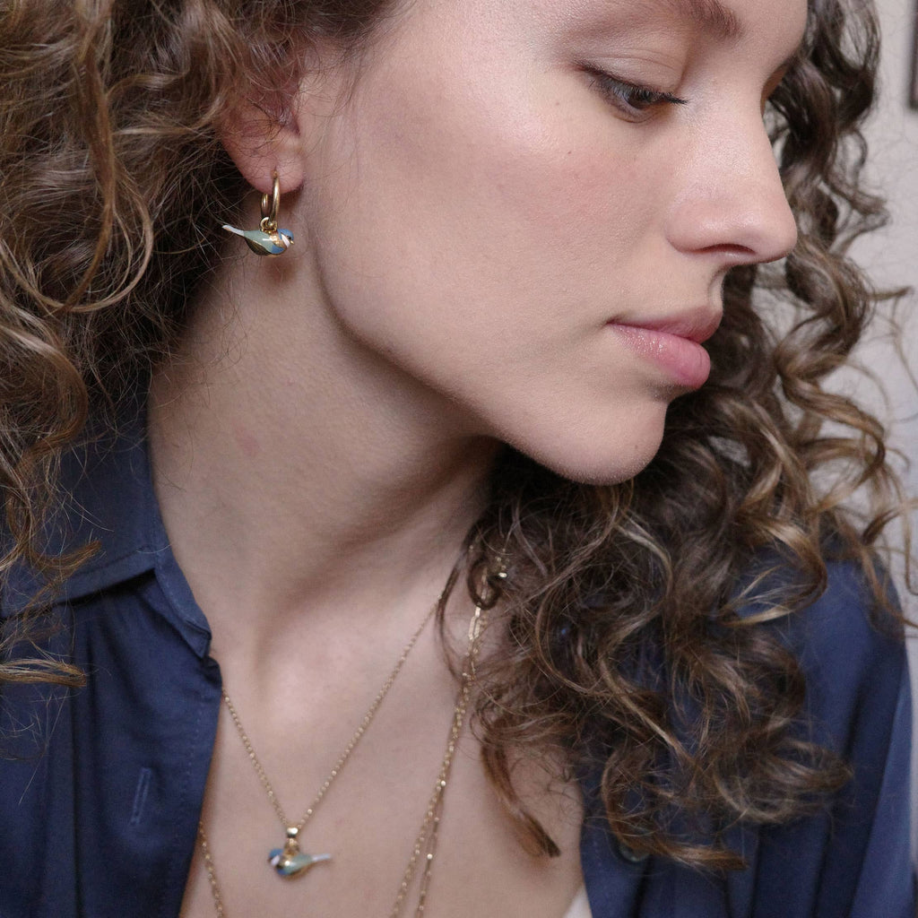 Blue tit gold hoop pendant earrings