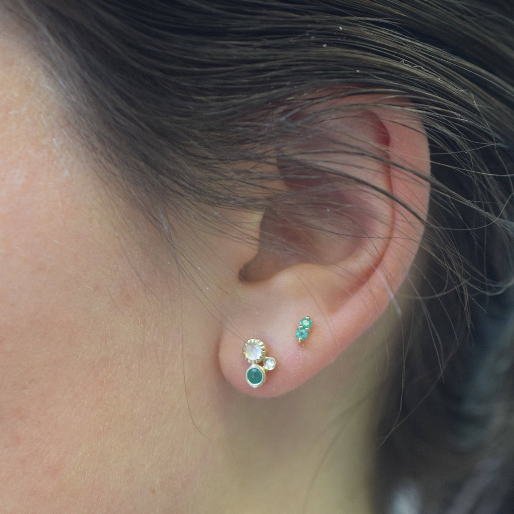 Solid Gold Emerald, Rainbow Moonstone & Diamond Cluster Stud