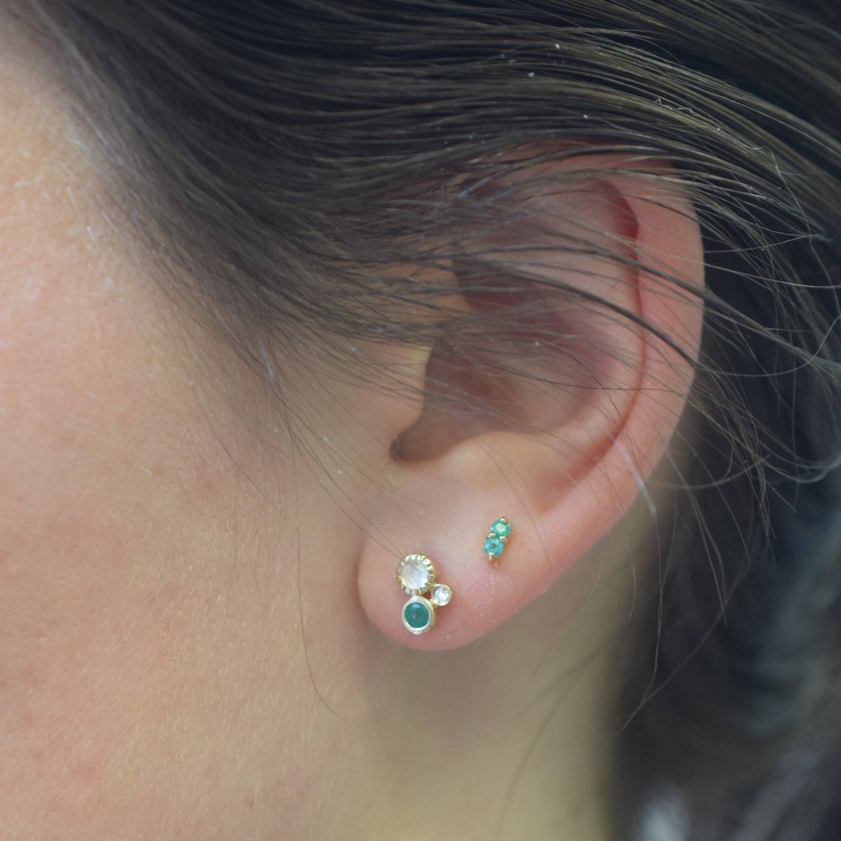 Solid Gold Emerald, Rainbow Moonstone & Diamond Cluster Stud