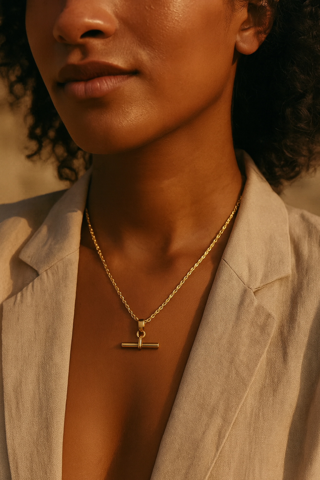 T Bar Pendant Necklace Rope Twist Chain 18k Gold Waterproof