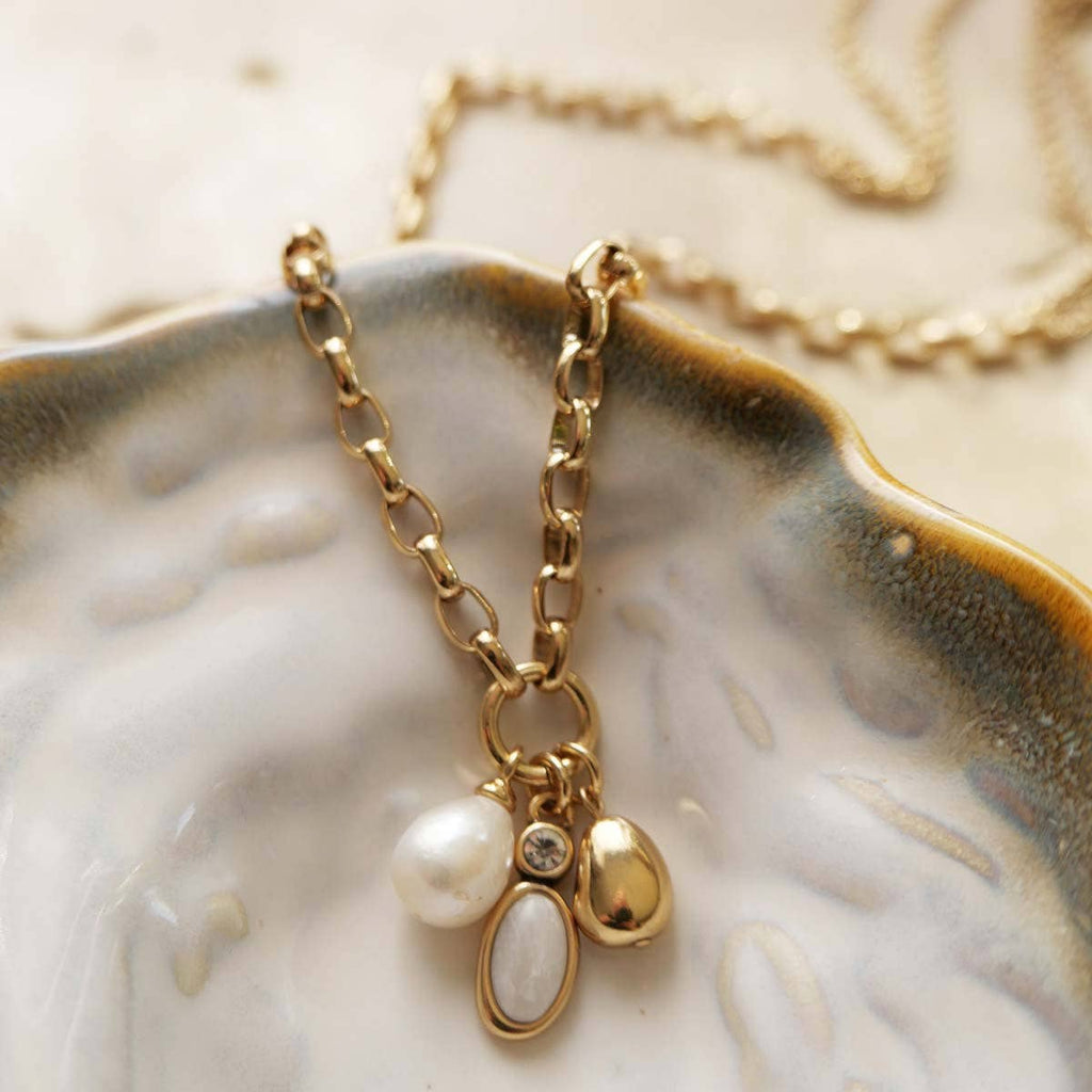 White Agate Pearl Gold Long Necklace
