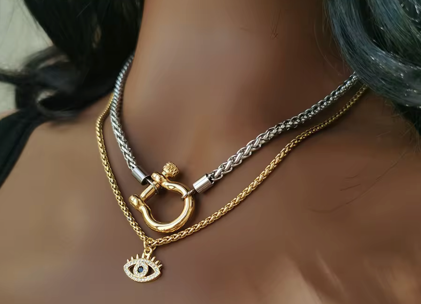 Carabiner Horse Bit Charm with Wheat Chain Stainless Necklace