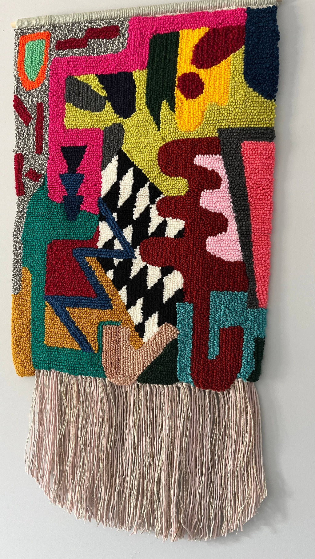 Wall Rug, handmade, punch needle, abstract forms, wall decor