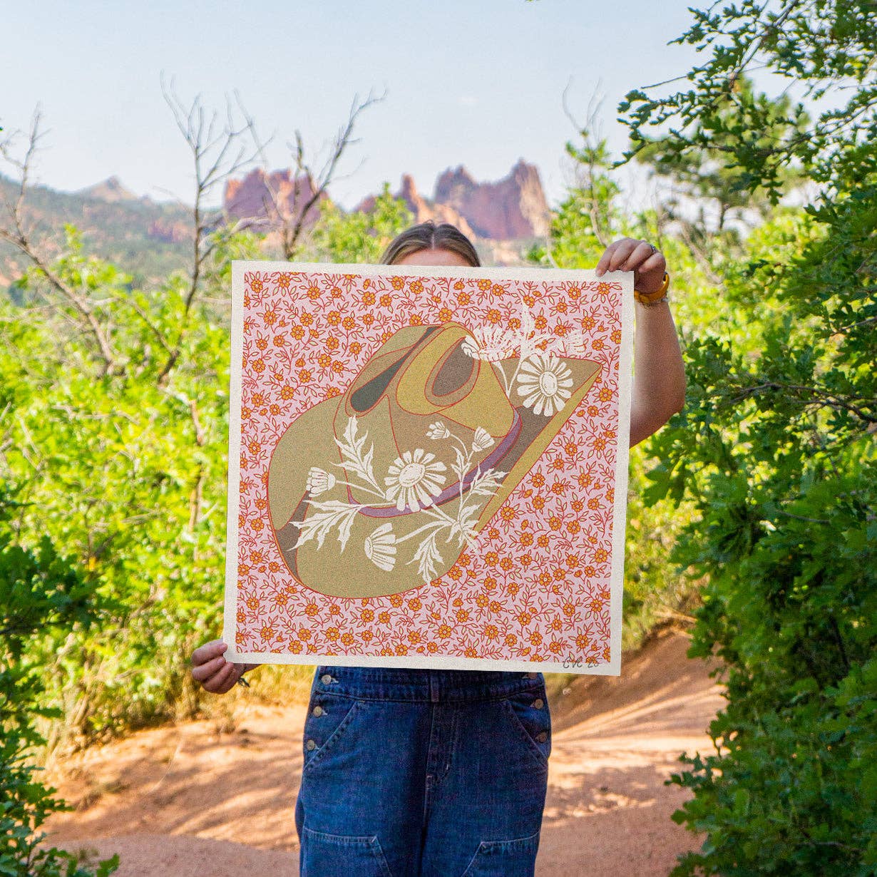 Brown and Pink Cowboy Hat Floral Art Print