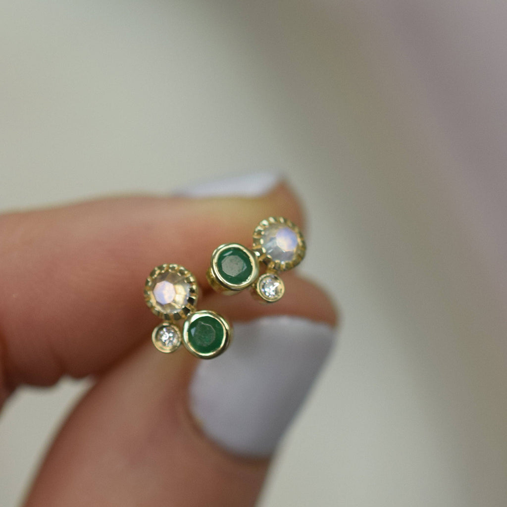 Solid Gold Emerald, Rainbow Moonstone & Diamond Cluster Stud