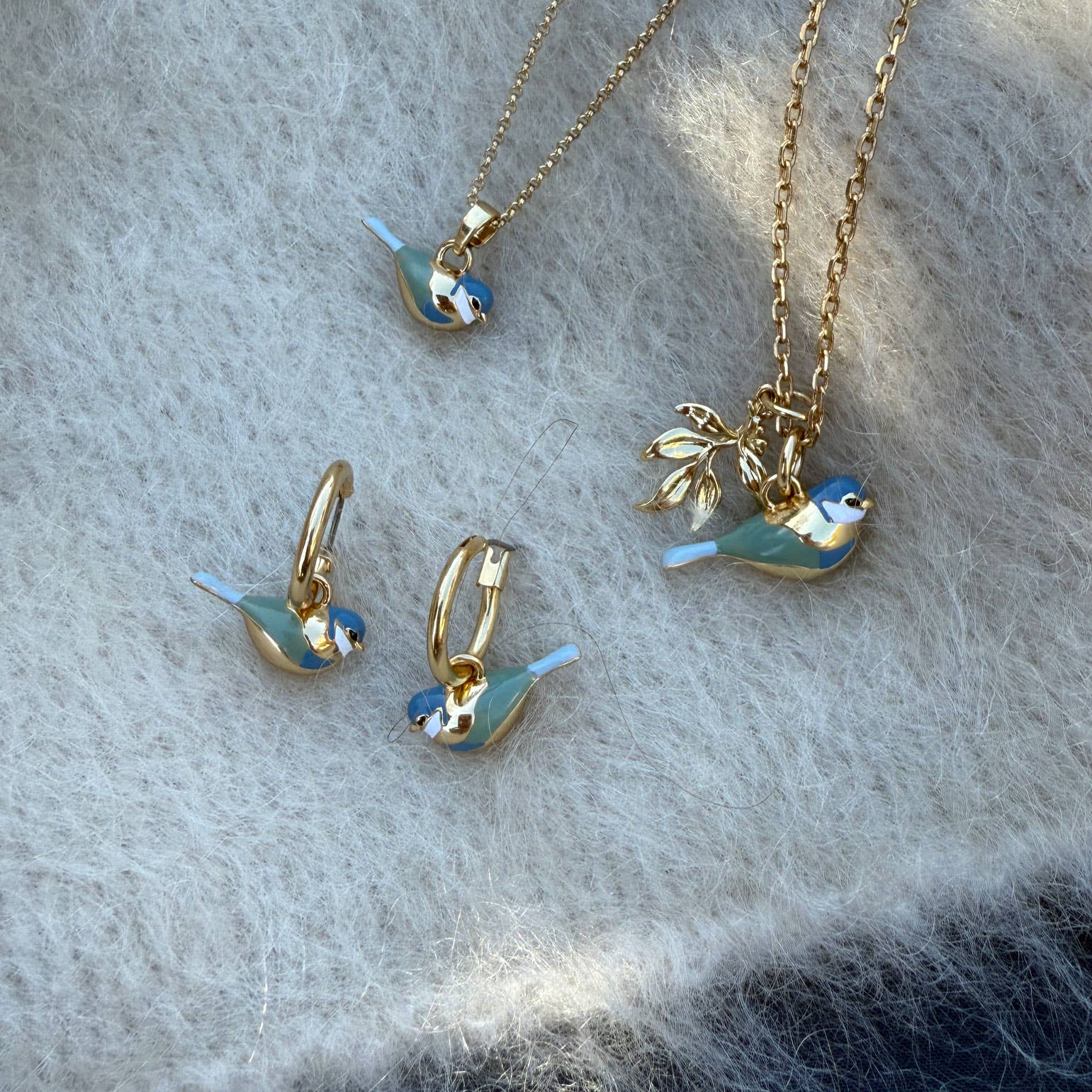 Blue tit gold hoop pendant earrings