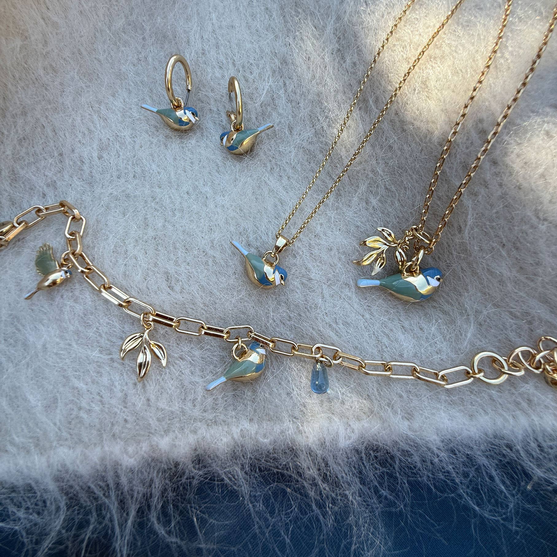 Blue Tit Gold Pendant Necklace