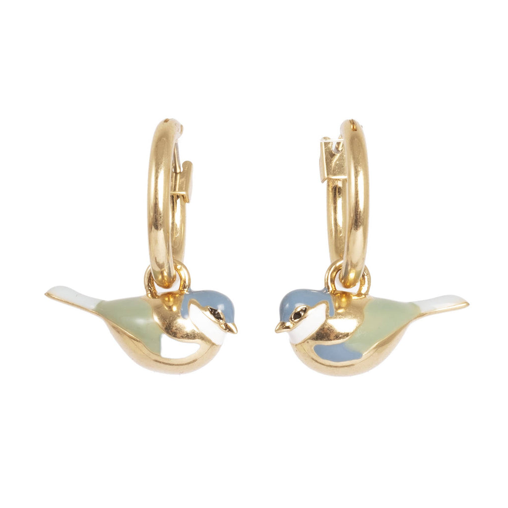 Blue tit gold hoop pendant earrings