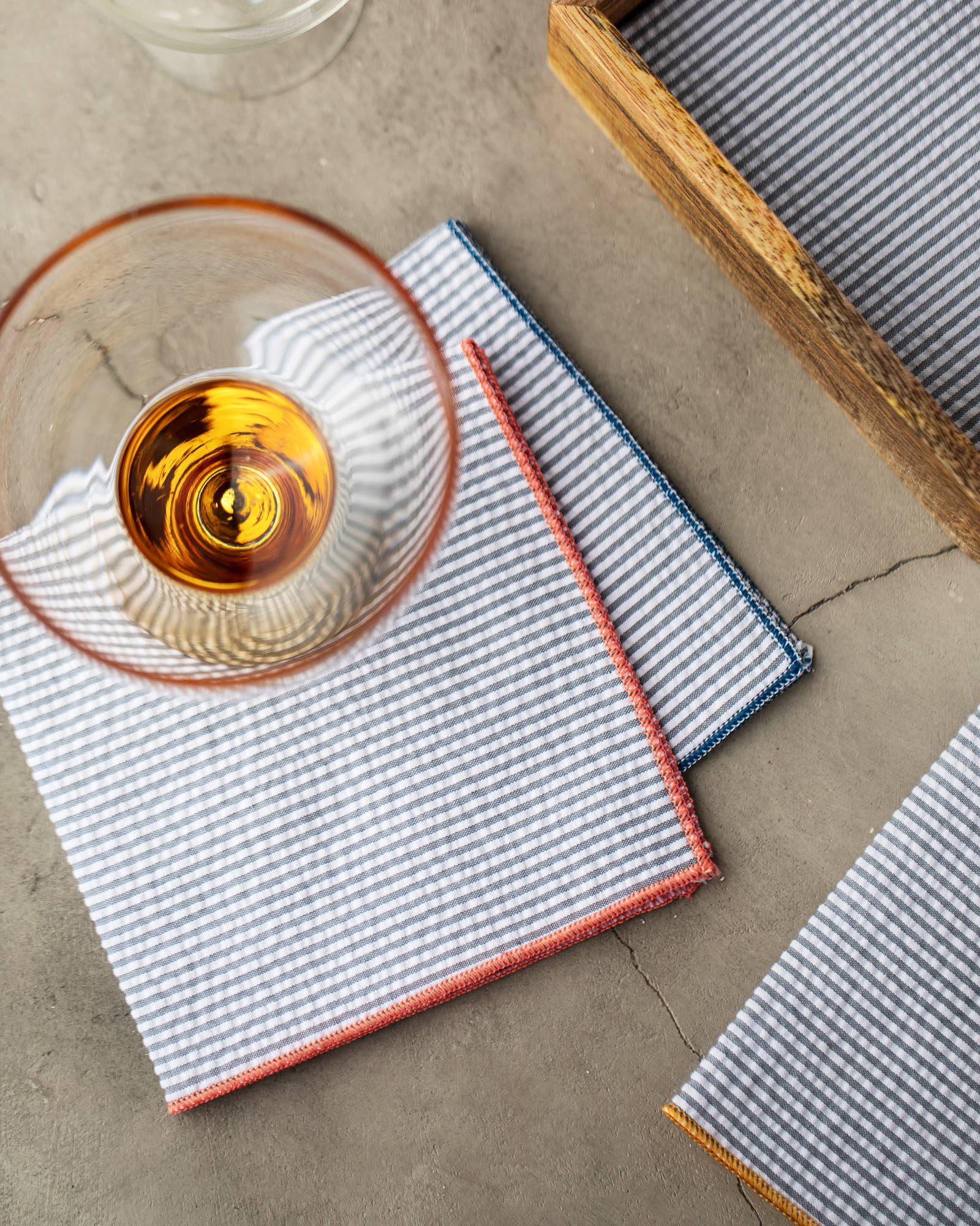 Grey Seersucker Cloth Napkins With Colorful Edges, Set Of 8