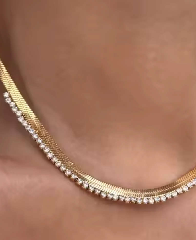 Cecile - Herringbone CZ- Steel Necklace- 14K