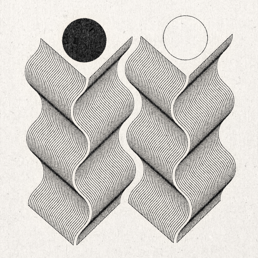 Black and white abstract design with wavy lines and circular shapes on a light gray background