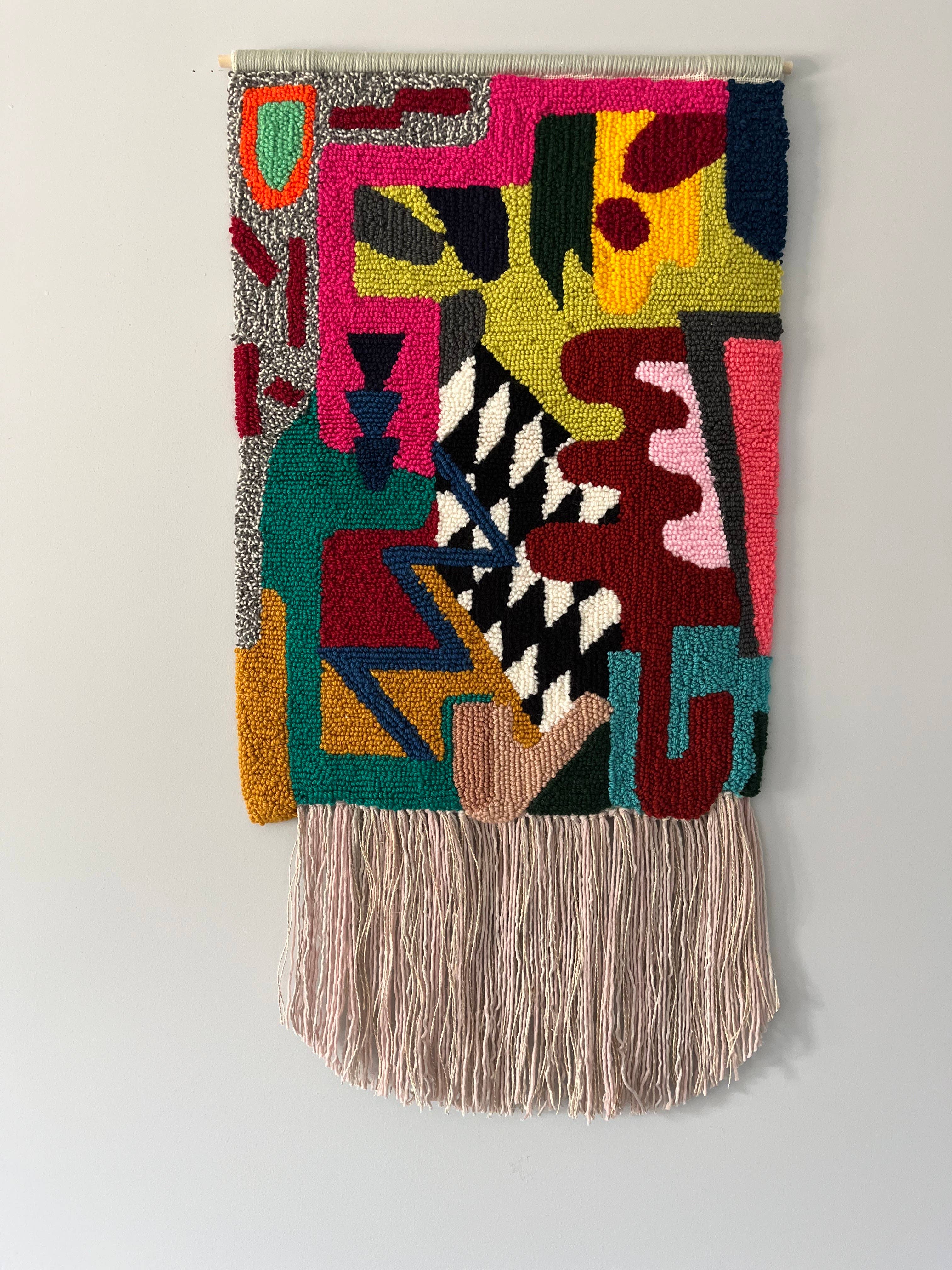 Wall Rug, handmade, punch needle, abstract forms, wall decor