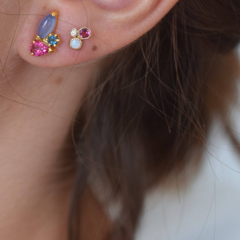 Solid Gold Opal, Diamond and Pink Tourmaline Cluster Studs