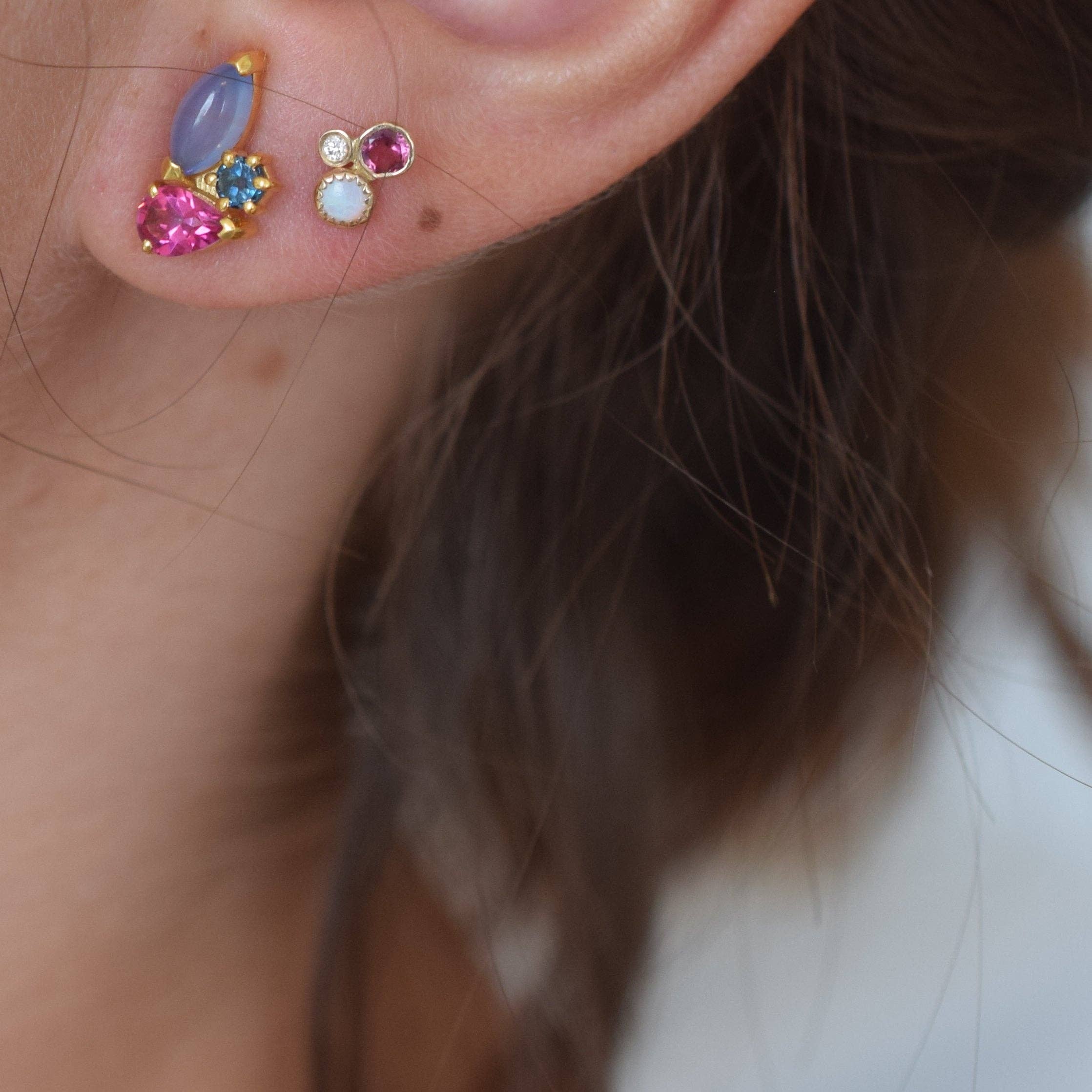 Solid Gold Opal, Diamond and Pink Tourmaline Cluster Studs