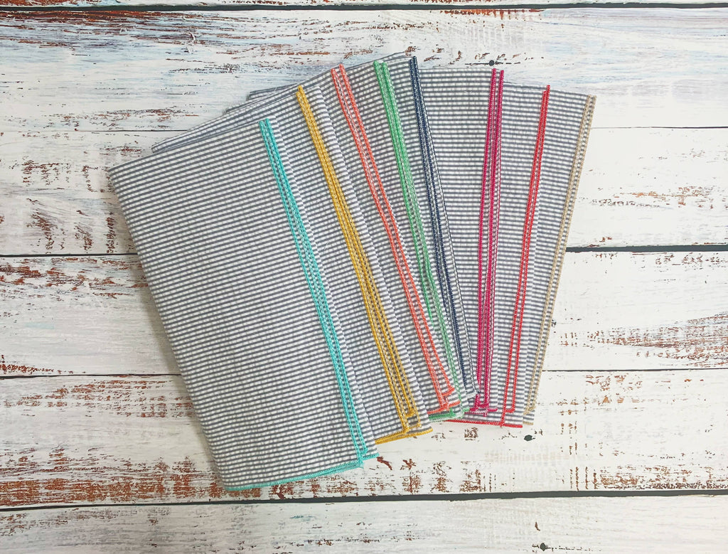 Grey Seersucker Cloth Napkins With Colorful Edges, Set Of 8