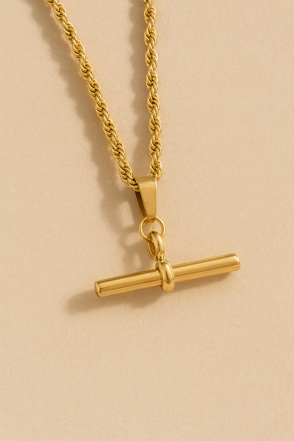 T Bar Pendant Necklace Rope Twist Chain 18k Gold Waterproof