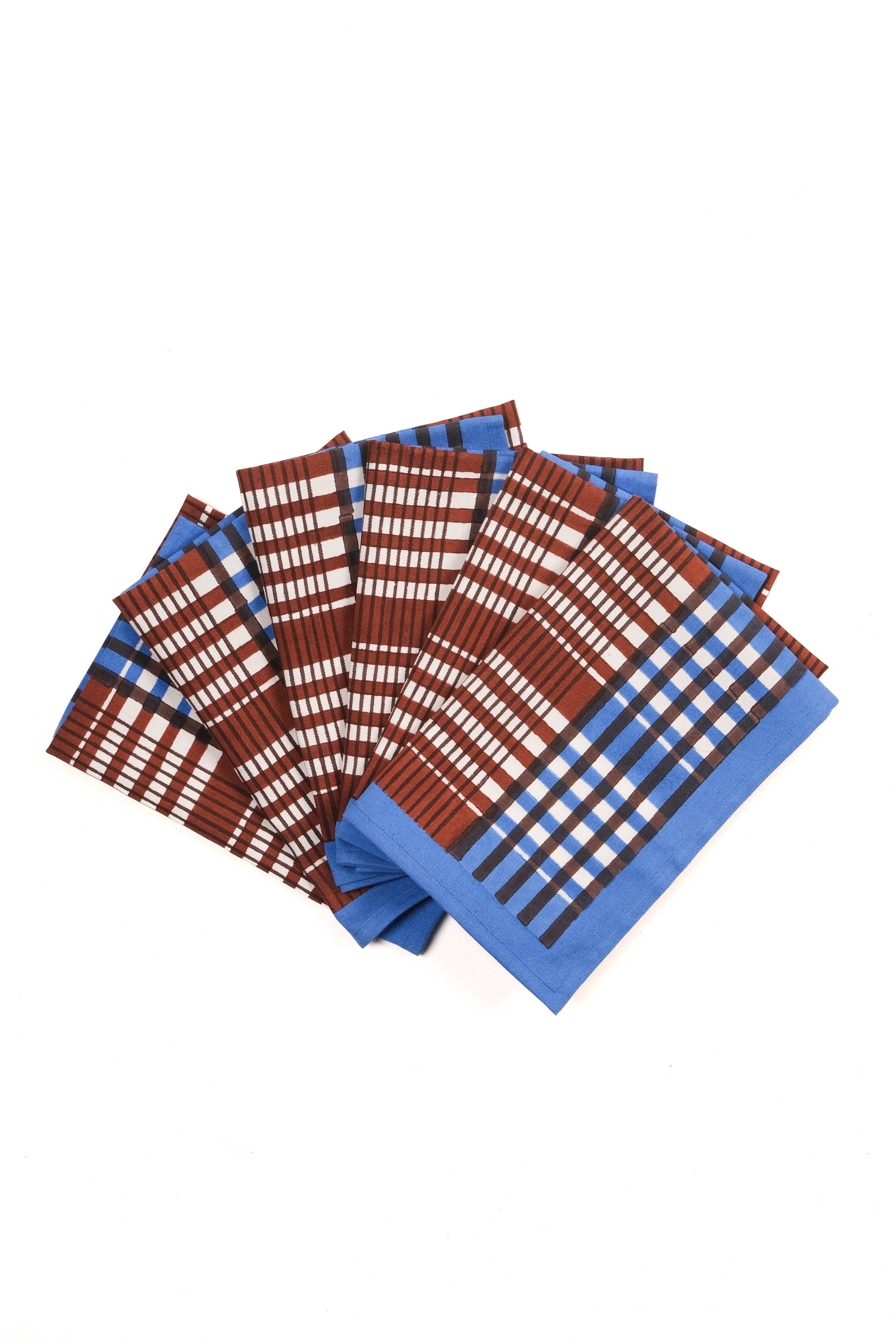 Shetland Plaid Blockprint Napkins in Brown and Blue, Set of 4