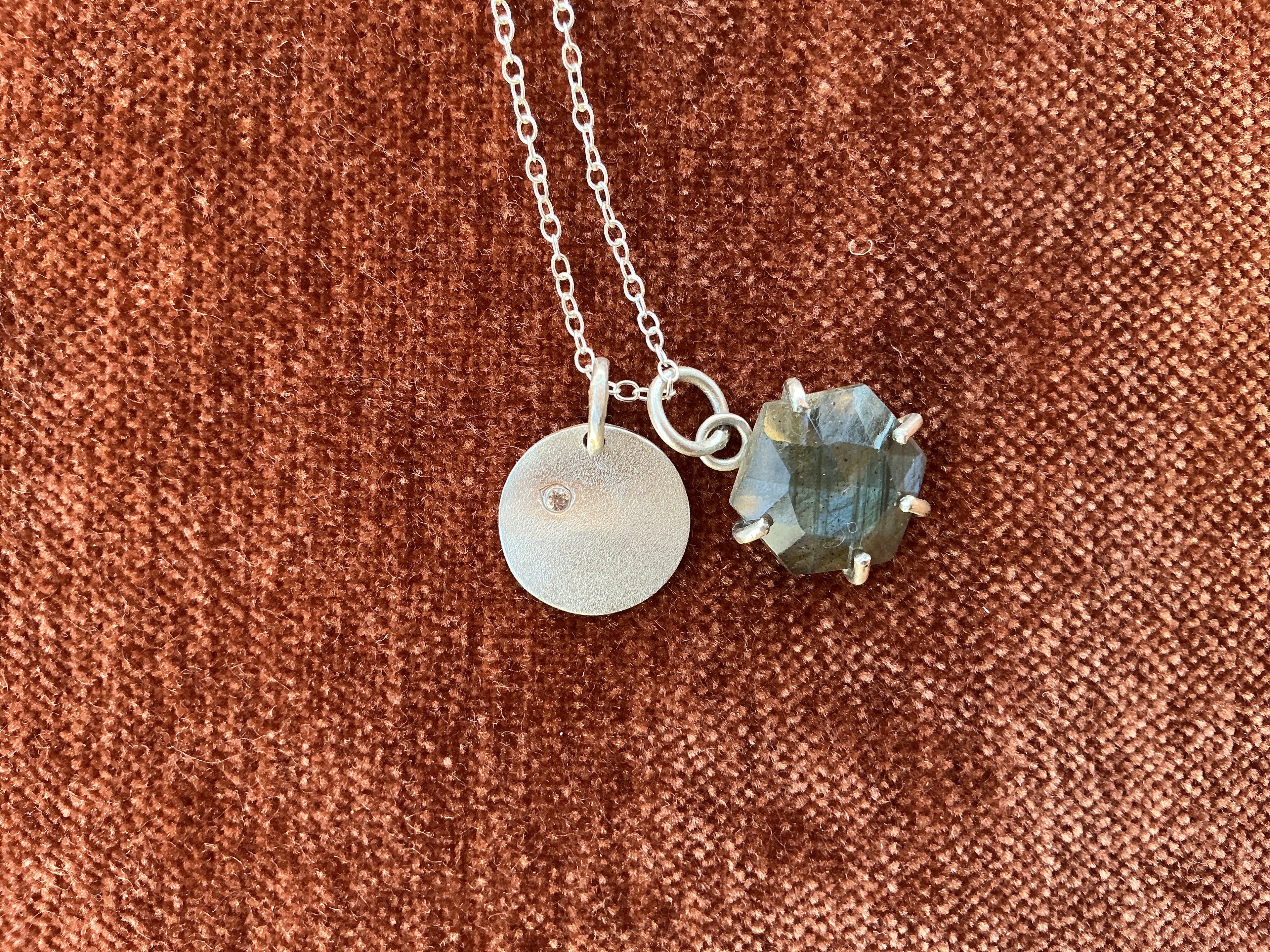 Zara Bish Waved Charm Necklace Labradorite and Large Sapphire
