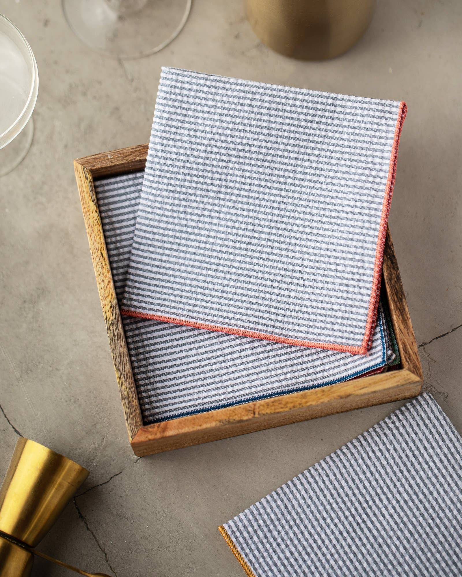 Grey Seersucker Cloth Napkins With Colorful Edges, Set Of 8
