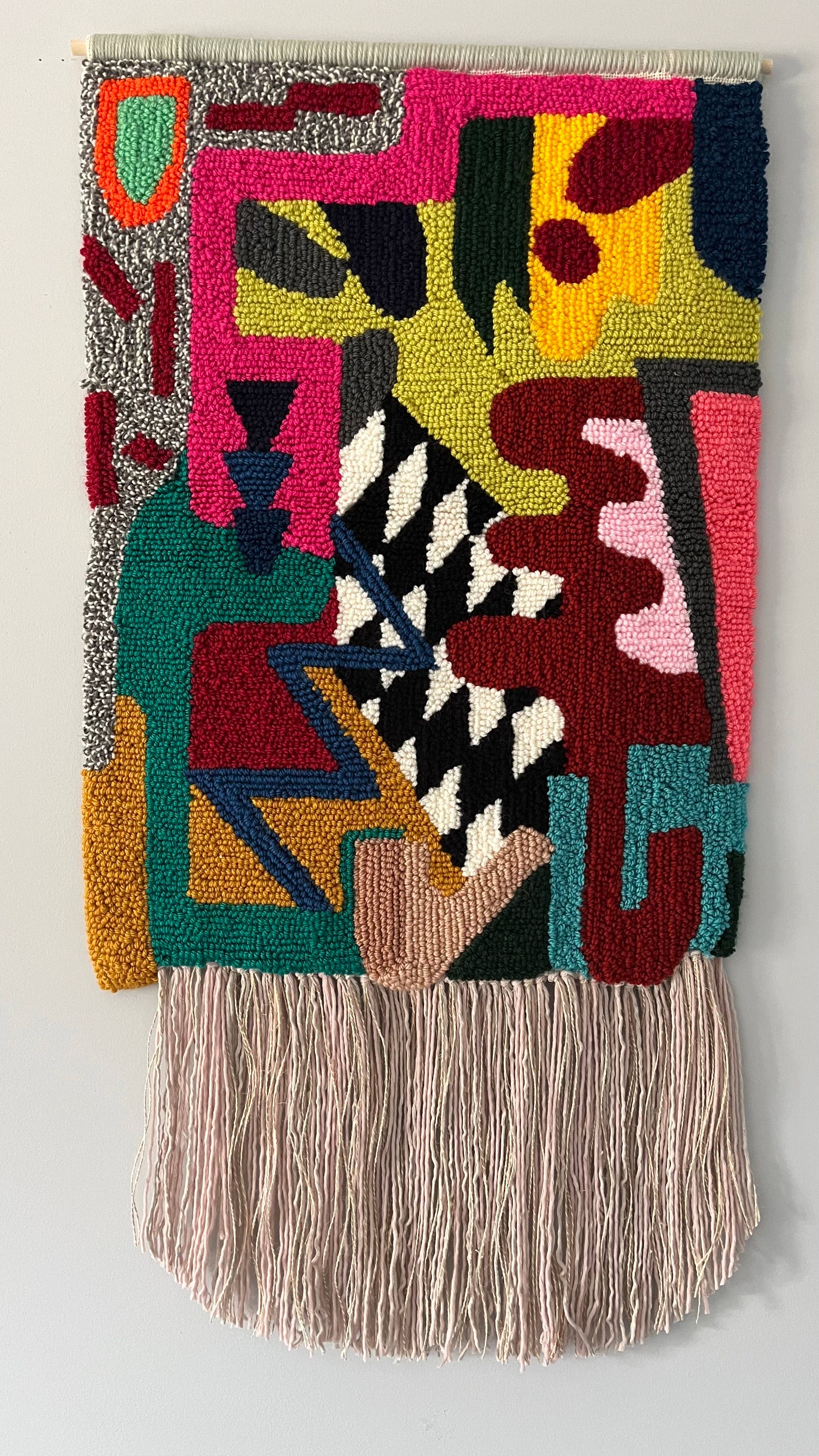 Wall Rug, handmade, punch needle, abstract forms, wall decor