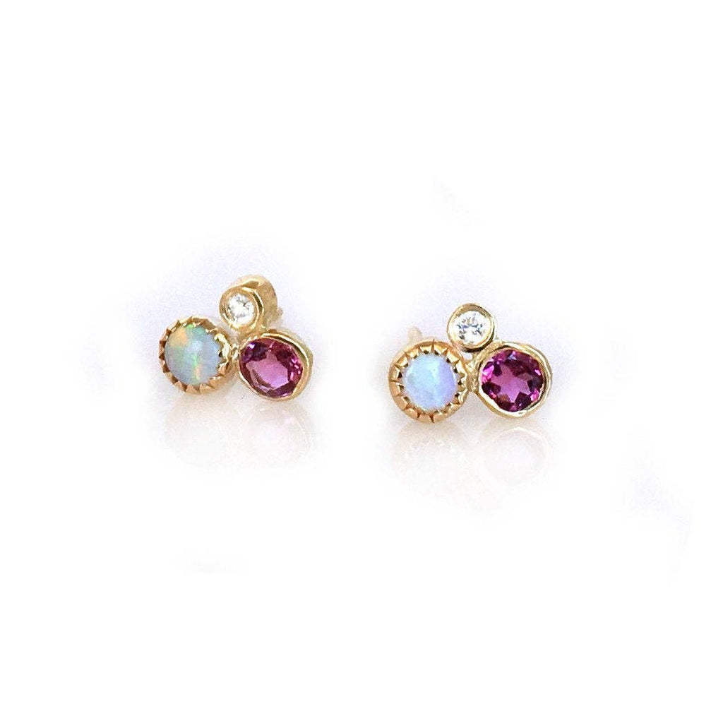 Solid Gold Opal, Diamond and Pink Tourmaline Cluster Studs