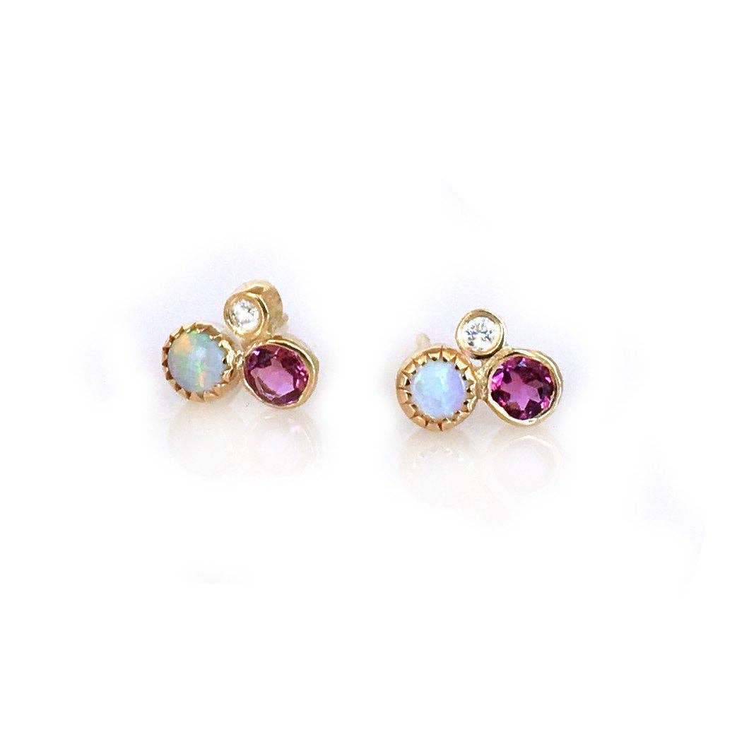 Solid Gold Opal, Diamond and Pink Tourmaline Cluster Studs