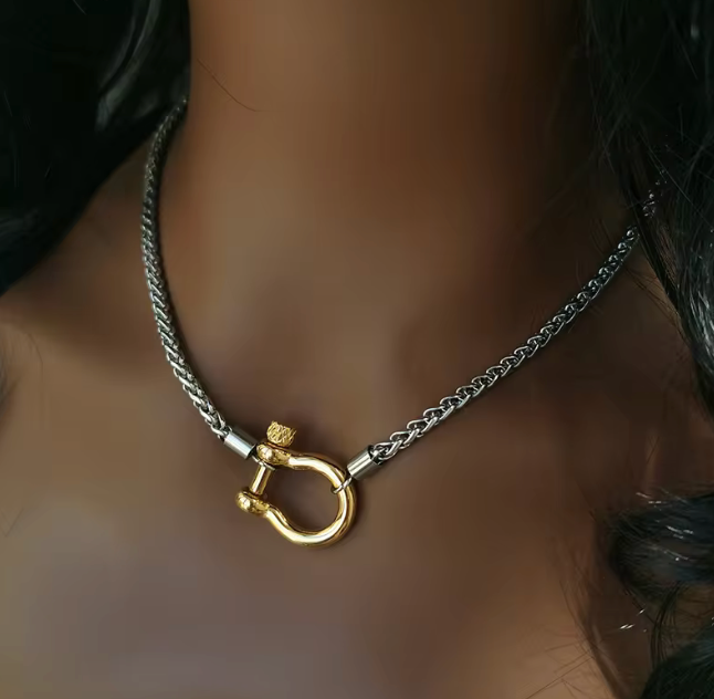 Carabiner Horse Bit Charm with Wheat Chain Stainless Necklace