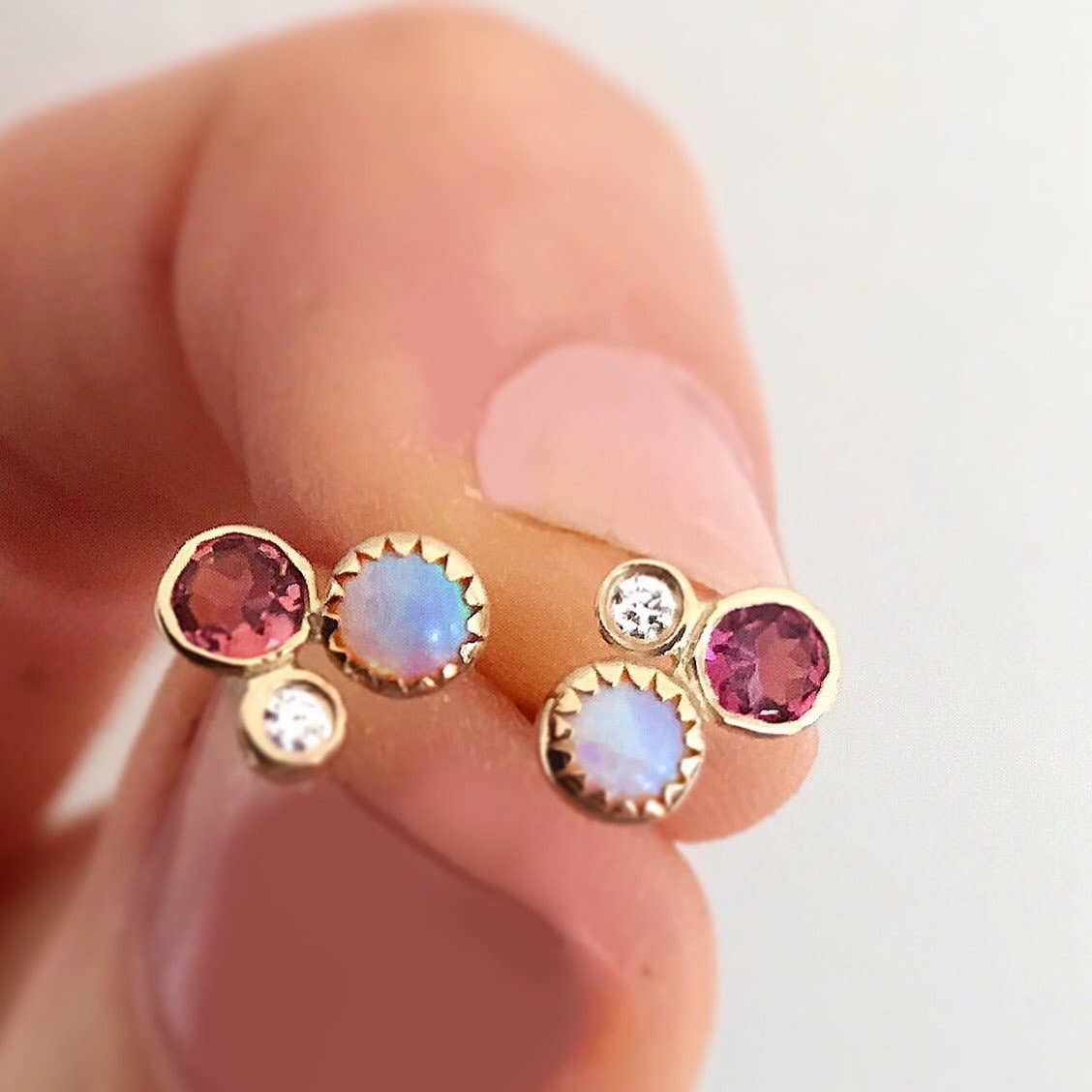 Solid Gold Opal, Diamond and Pink Tourmaline Cluster Studs