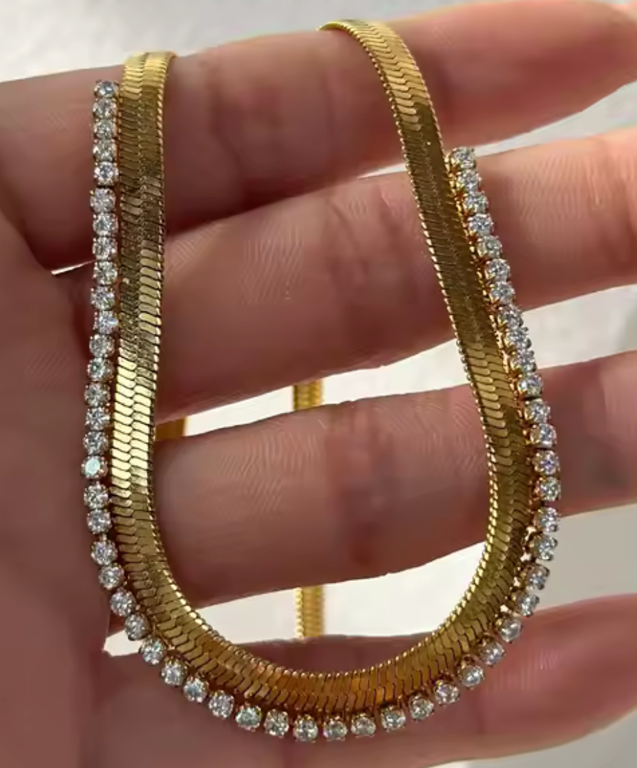 Cecile - Herringbone CZ- Steel Necklace- 14K