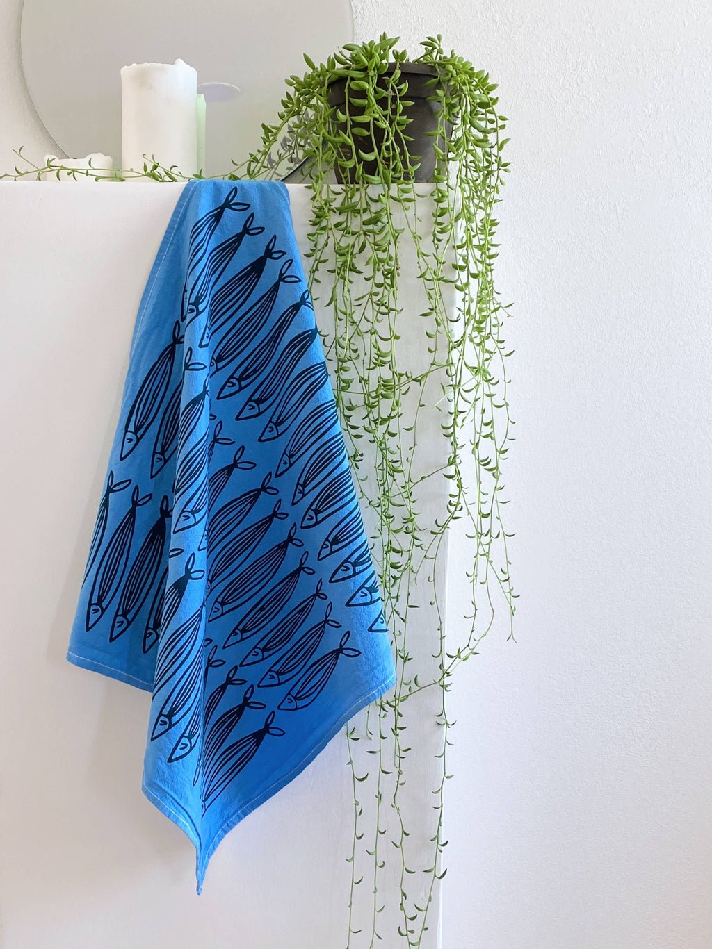 Blue Sardines 20" Tea Towel - Silkscreened 100% Cotton