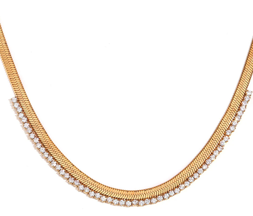 Cecile - Herringbone CZ- Steel Necklace- 14K