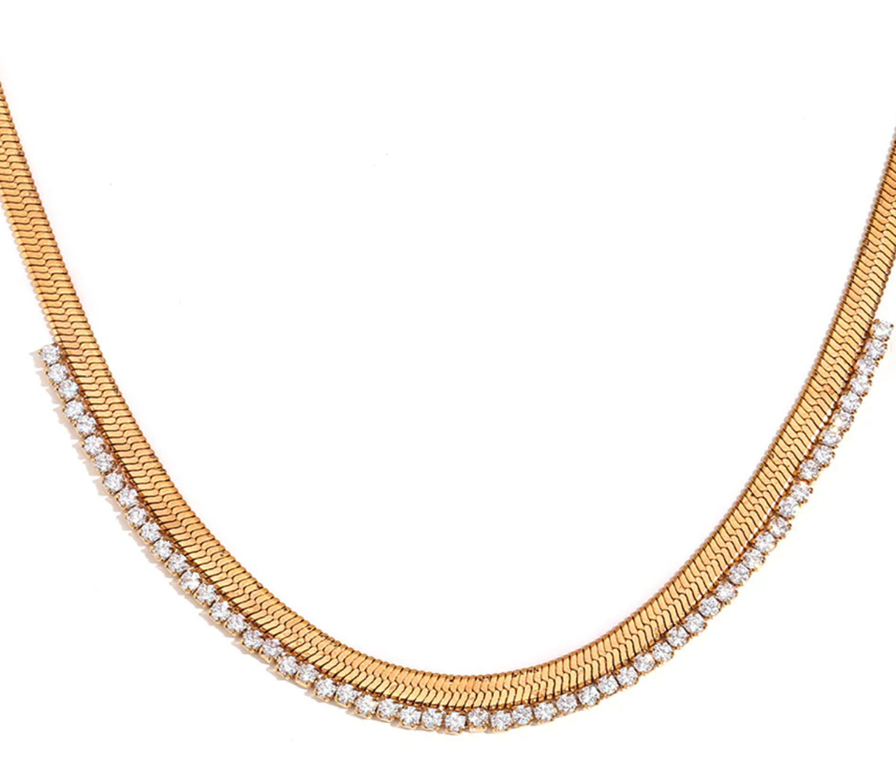 Cecile - Herringbone CZ- Steel Necklace- 14K