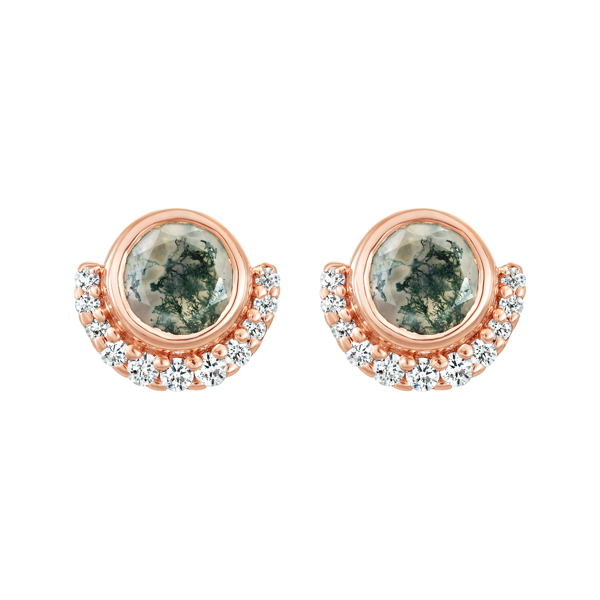 Rose Gold Moss Agate and Diamond Lunar Eclipse Studs