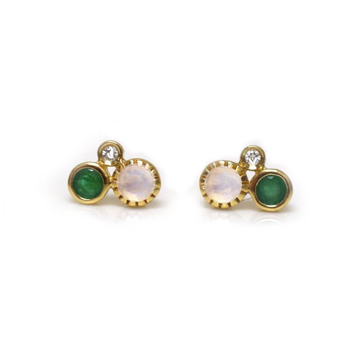 Solid Gold Emerald, Rainbow Moonstone & Diamond Cluster Stud