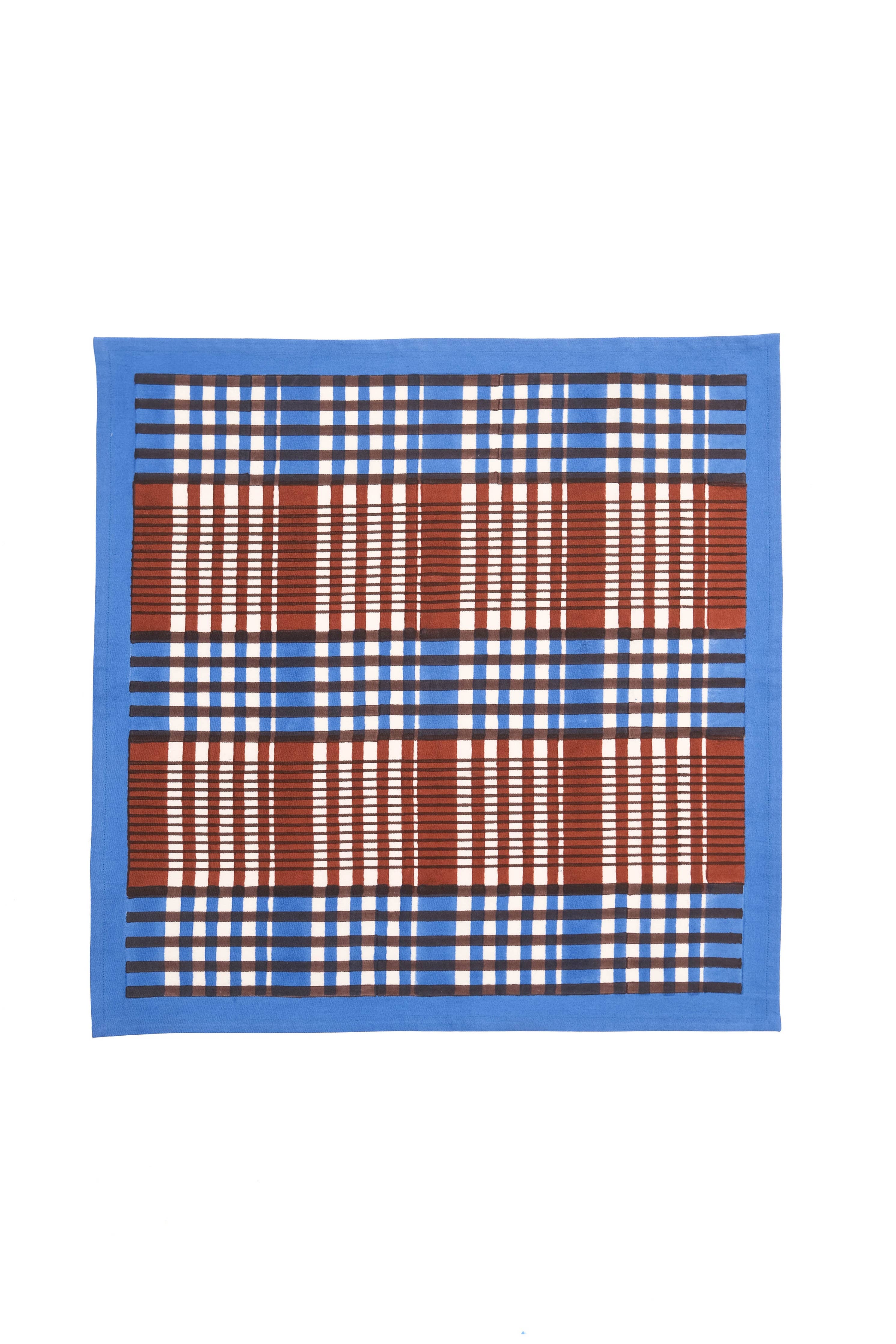 Shetland Plaid Blockprint Napkins in Brown and Blue, Set of 4
