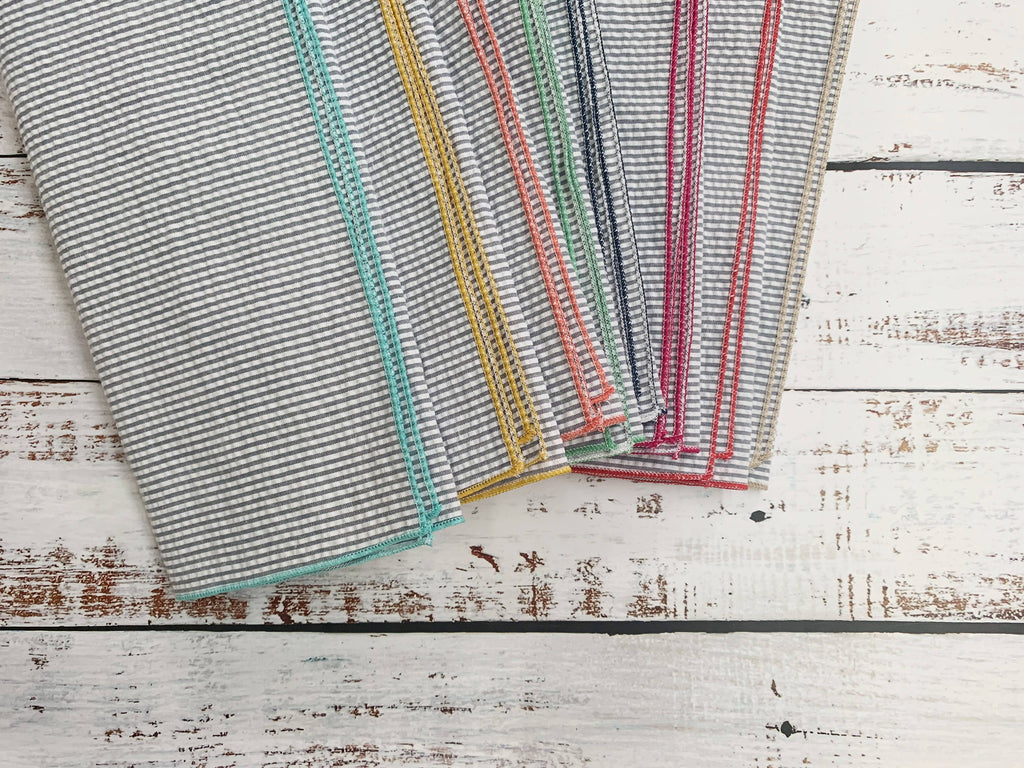 Grey Seersucker Cloth Napkins With Colorful Edges, Set Of 8