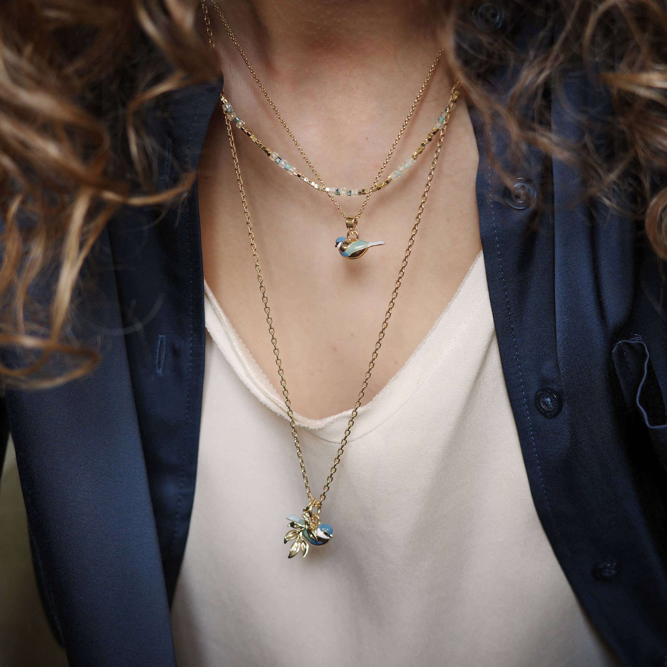 Blue Tit Gold Pendant Necklace