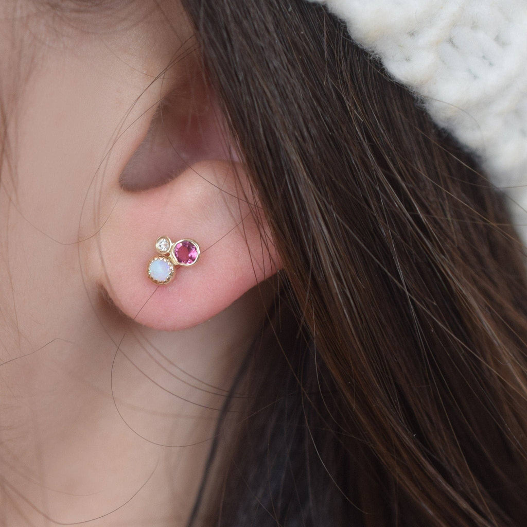 Solid Gold Opal, Diamond and Pink Tourmaline Cluster Studs